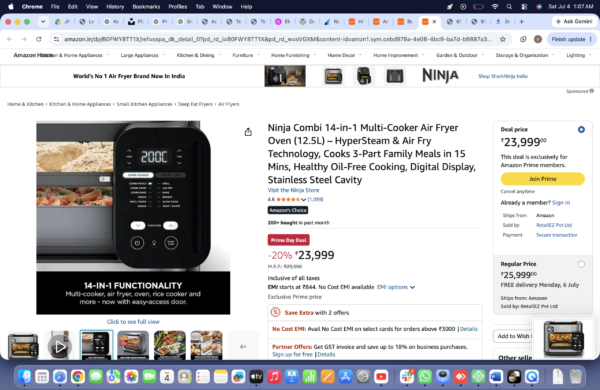 Screenshot 2026-07-04 at 1.07.51 AM Ninja Combi 14-in-1 Multi-Cooker Air Fryer Oven (12.5L) – HyperSteam & Air Fry Technology, Cooks 3-Part Family Meals in 15 Mins, Healthy Oil-Free Cooking, Digital Display, Stainless Steel Cavity 4.6