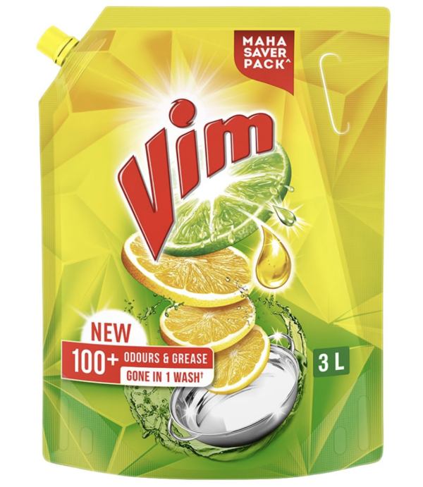 Screenshot 2026-07-04 at 12.59.28 AM Vim Dishwash Liquid 3 L pouch | Removes 100+ Odours & Grease in 1 wash | With the power of 100 Lemons
